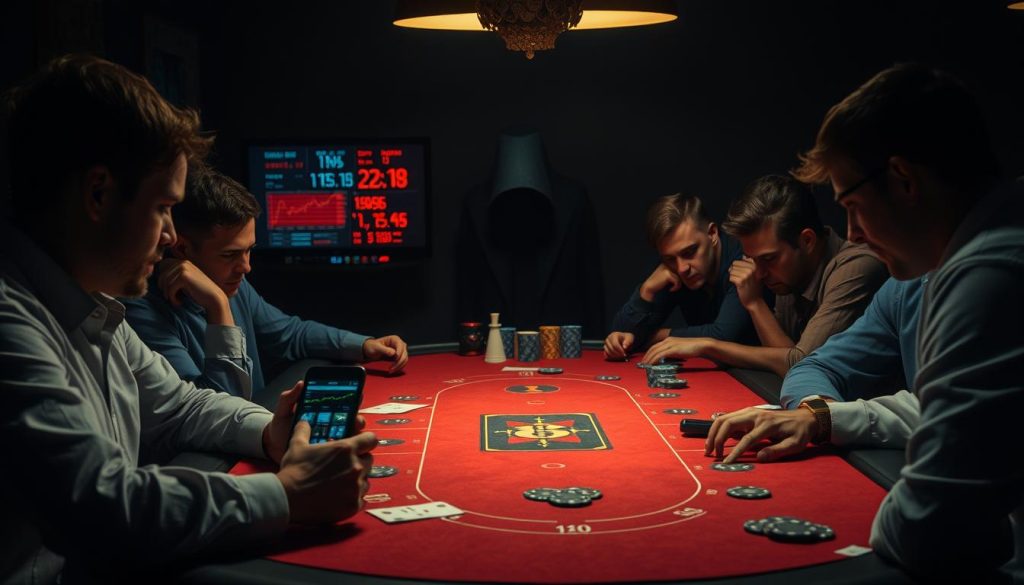 A dimly lit casino table, surrounded by anxious gamblers. In the foreground, a player recklessly betting their entire crypto stack, ignoring the warning signs. The middle ground showcases a cascade of confusing charts, blinking indicators, and a smartphone displaying a frenzied trading app. In the background, a shadowy figure lurks, hinting at the dangers of unregulated crypto gambling. Dramatic chiaroscuro lighting sets an ominous tone, as the scene conveys the perils of inexperienced crypto gambling through a cautionary tale.