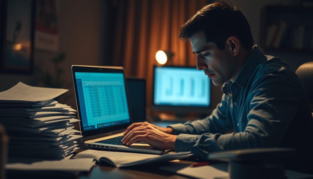 A dimly lit office setting, a person cautiously reviewing financial transactions on a laptop screen, surrounded by stacks of documents and notes. The scene conveys a sense of vigilance and concern, as the figure carefully navigates the potential pitfalls of crypto casino activities. Soft, warm lighting illuminates the workspace, casting subtle shadows and highlighting the individual's focused expression. The background is slightly blurred, emphasizing the central subject and the gravity of the task at hand. The overall atmosphere suggests the importance of staying informed and vigilant to protect against scams in the volatile world of cryptocurrency-based gaming. A dimly lit office setting, a person cautiously reviewing financial transactions on a laptop screen, surrounded by stacks of documents and notes. The scene conveys a sense of vigilance and concern, as the figure carefully navigates the potential pitfalls of crypto casino activities. Soft, warm lighting illuminates the workspace, casting subtle shadows and highlighting the individual's focused expression. The background is slightly blurred, emphasizing the central subject and the gravity of the task at hand. The overall atmosphere suggests the importance of staying informed and vigilant to protect against scams in the volatile world of cryptocurrency-based gaming.