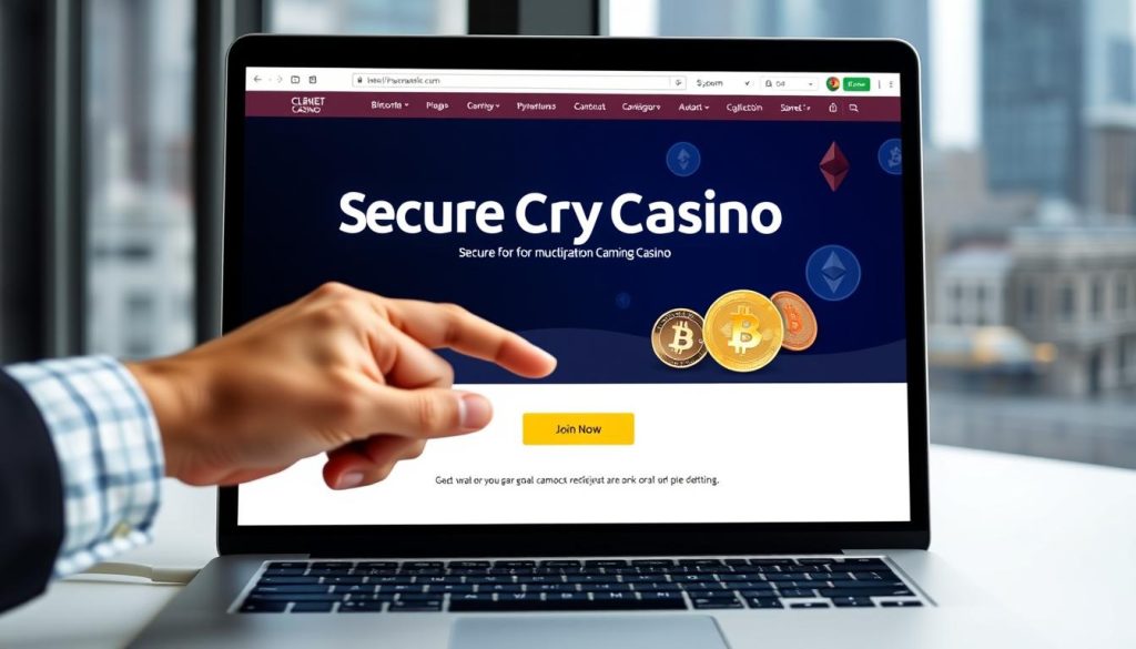 A high-resolution photograph of a security-focused Bitcoin casino homepage displayed on a laptop screen. The screen shows a clean, modern layout with a prominent "Secure Crypto Casino" logo. In the foreground, a hand hovers over the "Join Now" button, conveying a sense of carefully considering the choice. The mid-ground features meticulously detailed graphics depicting various cryptocurrencies, including Bitcoin, Ethereum, and Litecoin. The background has a soft, blurred cityscape visible through a window, suggesting an urban, professional setting. The overall mood is one of thoughtfulness, trust, and the responsible use of digital assets for online gaming.
