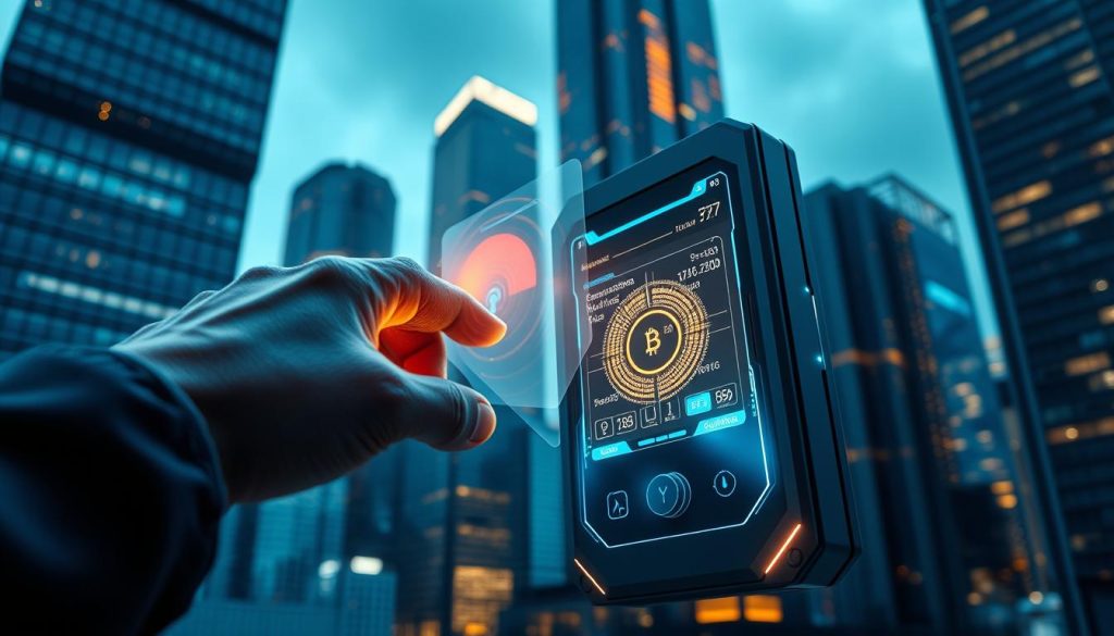 A secure digital wallet system against crypto theft, with a sleek titanium casing and biometric lock. In the foreground, a futuristic hand scanner glows with cyberpunk luminescence. In the middle ground, a holographic display showcases encrypted transaction details. The background depicts a cityscape of towering skyscrapers, their windows reflecting the wallet's technological prowess. Lighting is cool and clinical, capturing the high-tech, impenetrable nature of this secure storage solution. Angles are tight and close-up, emphasizing the wallet's compact design and advanced security features. A secure digital wallet system against crypto theft, with a sleek titanium casing and biometric lock. In the foreground, a futuristic hand scanner glows with cyberpunk luminescence. In the middle ground, a holographic display showcases encrypted transaction details. The background depicts a cityscape of towering skyscrapers, their windows reflecting the wallet's technological prowess. Lighting is cool and clinical, capturing the high-tech, impenetrable nature of this secure storage solution. Angles are tight and close-up, emphasizing the wallet's compact design and advanced security features.