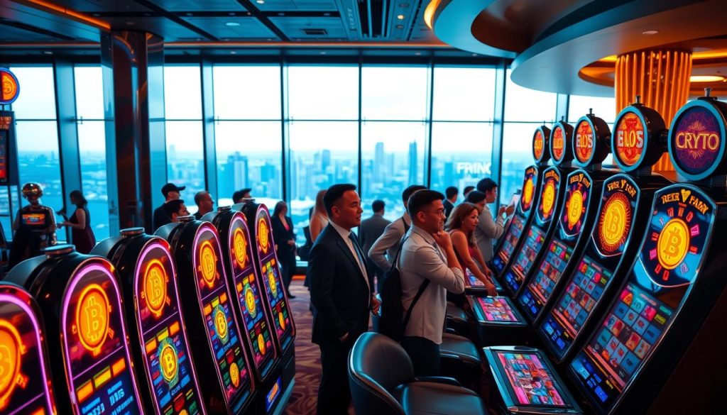 A vibrant casino scene with a focus on the latest crypto-themed slot machines. In the foreground, a row of gleaming, futuristic slot cabinets adorned with dynamic neon lights and glowing cryptocurrency symbols. In the middle ground, smartly dressed patrons eagerly spin the reels, their faces aglow with excitement. The background depicts a lavish, high-tech casino interior, with towering glass windows offering a panoramic view of a bustling city skyline. Soft, diffused lighting creates a captivating atmosphere, while the overall composition conveys a sense of cutting-edge technology, high stakes, and the thrill of the digital currency gaming experience.