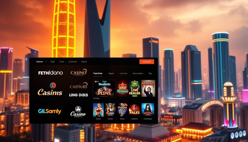 Prompt A sleek, modern casino website showcased against a vibrant, futuristic cityscape. The foreground features several prominent casino logos and brand names, displayed in a clean, minimalist design. The middle ground depicts a variety of casino game icons, including slots, table games, and live dealer options, all rendered in a polished, high-tech style. The background showcases a towering, neon-lit skyscraper skyline, bathed in a warm, golden light that creates a sense of energy and excitement. The overall composition conveys a sophisticated, cutting-edge aesthetic that appeals to the modern, tech-savvy crypto enthusiast. Prompt A sleek, modern casino website showcased against a vibrant, futuristic cityscape. The foreground features several prominent casino logos and brand names, displayed in a clean, minimalist design. The middle ground depicts a variety of casino game icons, including slots, table games, and live dealer options, all rendered in a polished, high-tech style. The background showcases a towering, neon-lit skyscraper skyline, bathed in a warm, golden light that creates a sense of energy and excitement. The overall composition conveys a sophisticated, cutting-edge aesthetic that appeals to the modern, tech-savvy crypto enthusiast.