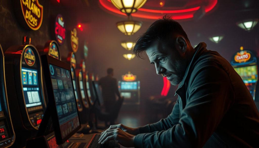 A dimly lit casino interior, with tarnished slot machines and a hazy, smoke-filled atmosphere. In the foreground, a person hunched over a glowing computer screen, frantically placing bets on a no-KYC crypto gambling site, their face etched with worry and desperation. The background is shrouded in shadows, hinting at the unseen dangers lurking within this unregulated world of anonymous gambling. The lighting is a mixture of harsh, fluorescent tones and muted, ominous shadows, creating a sense of unease and unpredictability. The camera angle is slightly low, emphasizing the sense of vulnerability and risk associated with this unregulated form of gambling. A dimly lit casino interior, with tarnished slot machines and a hazy, smoke-filled atmosphere. In the foreground, a person hunched over a glowing computer screen, frantically placing bets on a no-KYC crypto gambling site, their face etched with worry and desperation. The background is shrouded in shadows, hinting at the unseen dangers lurking within this unregulated world of anonymous gambling. The lighting is a mixture of harsh, fluorescent tones and muted, ominous shadows, creating a sense of unease and unpredictability. The camera angle is slightly low, emphasizing the sense of vulnerability and risk associated with this unregulated form of gambling.