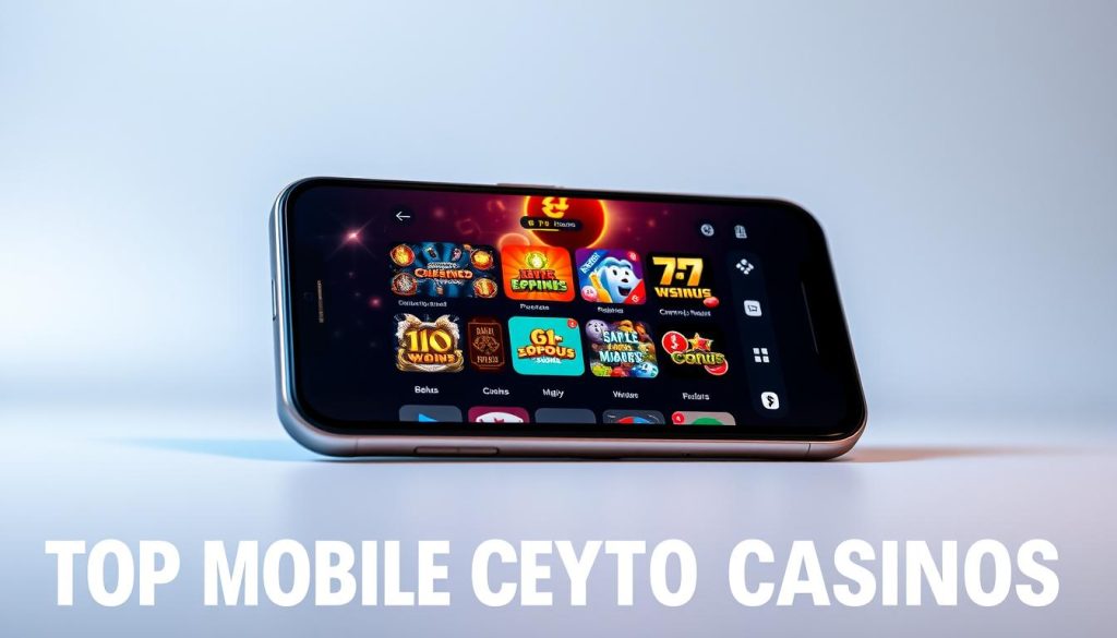 A sleek and modern mobile device with a colorful crypto-themed interface, prominently displaying various mobile casino app icons. The device is set against a clean, minimalist background, with subtle hints of metallic accents and a soft, warm lighting that creates a premium and inviting atmosphere. The overall composition emphasizes the seamless integration of mobile technology and the excitement of crypto-powered gaming, capturing the essence of the "Top Mobile Crypto Casinos" experience. A sleek and modern mobile device with a colorful crypto-themed interface, prominently displaying various mobile casino app icons. The device is set against a clean, minimalist background, with subtle hints of metallic accents and a soft, warm lighting that creates a premium and inviting atmosphere. The overall composition emphasizes the seamless integration of mobile technology and the excitement of crypto-powered gaming, capturing the essence of the "Top Mobile Crypto Casinos" experience.