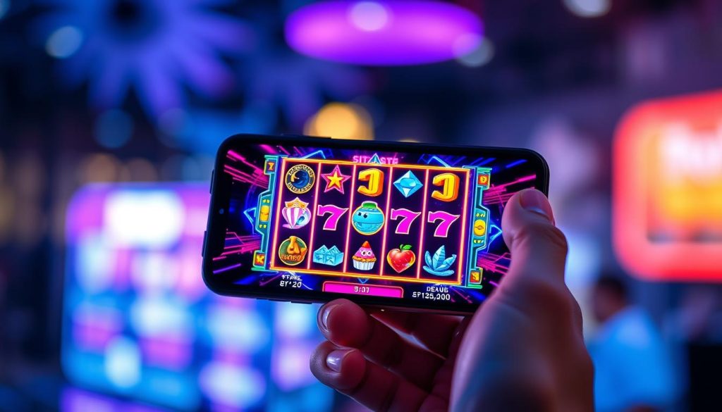 A sleek, modern mobile device displaying a colorful, dynamic crypto slot game interface. The screen is bathed in vibrant neon hues, creating an immersive, futuristic atmosphere. The game's iconic symbols and animations leap off the screen, drawing the viewer's attention. The device is held in a well-manicured hand, suggesting a premium, high-end experience. The background is blurred, keeping the focus on the engaging, cutting-edge mobile casino gameplay. Subtle reflections and lens flares add depth and a sense of technical sophistication. The overall impression is one of a seamless, high-quality mobile crypto gambling experience. A sleek, modern mobile device displaying a colorful, dynamic crypto slot game interface. The screen is bathed in vibrant neon hues, creating an immersive, futuristic atmosphere. The game's iconic symbols and animations leap off the screen, drawing the viewer's attention. The device is held in a well-manicured hand, suggesting a premium, high-end experience. The background is blurred, keeping the focus on the engaging, cutting-edge mobile casino gameplay. Subtle reflections and lens flares add depth and a sense of technical sophistication. The overall impression is one of a seamless, high-quality mobile crypto gambling experience.