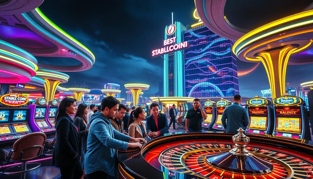 A vibrant, futuristic casino landscape with neon lights and sleek architectural designs. In the foreground, a group of people gathered around a gleaming roulette table, chips in hand, expressions of excitement and anticipation. The middle ground features high-tech slot machines and digital displays showcasing the latest stablecoin-based games. In the background, a towering glass and steel structure with a prominent sign reading "Best Stablecoin Casinos" stands against a night sky, illuminated by a brilliant array of color-changing lights. The scene exudes an air of cutting-edge technology, financial security, and the thrill of modern gambling, all seamlessly integrated into a visually stunning, cinematic composition.